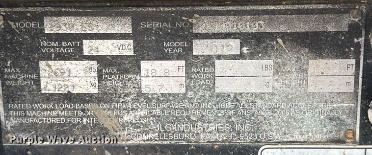 image for item DX5675 2012 JLG 1930ES scissor lift