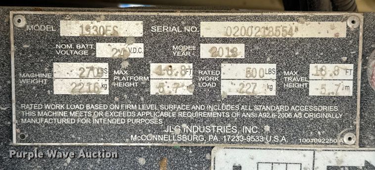 image for item DX5676 2013 JLG 1930ES scissor lift