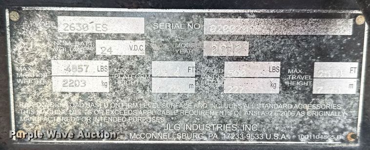 image for item DX5678 2012 JLG 2630ES scissor lift