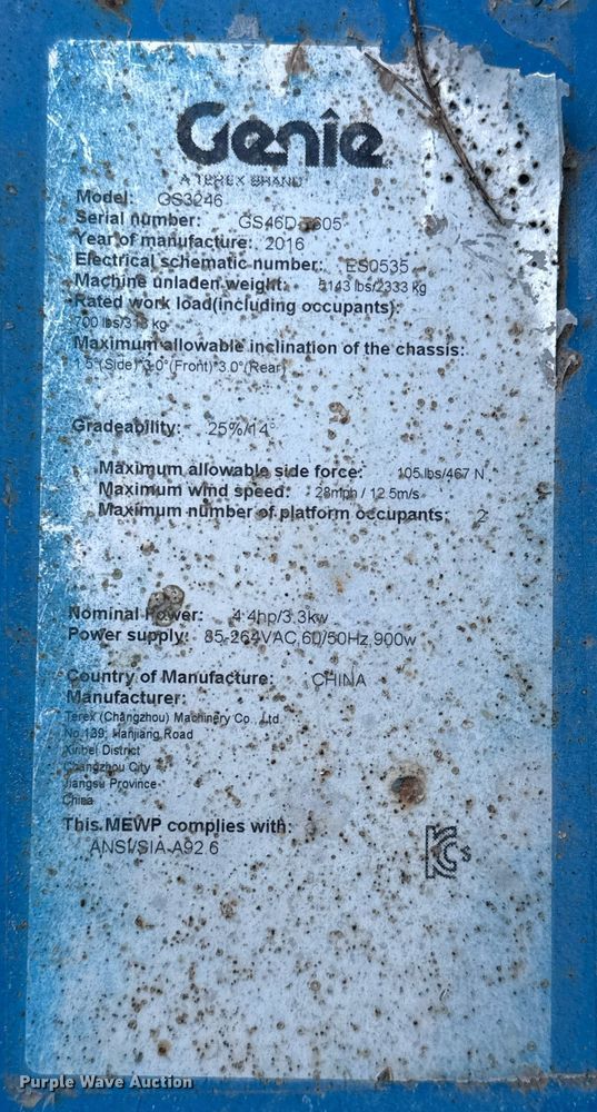 image for item DX5680 2016 Genie GS-3246 scissor lift