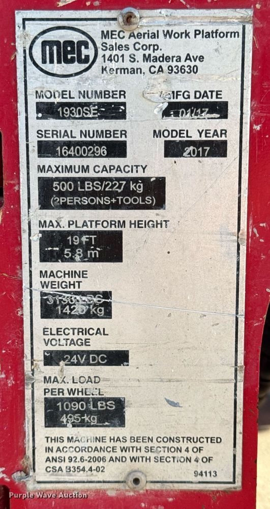 image for item DX5687 2017 MEC 1930SE scissor lift