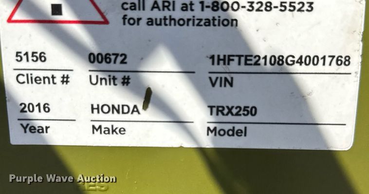 image for item DY0035 2016 Honda TRX250 ATV