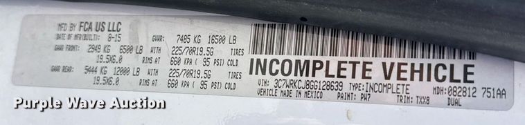 image for item DY0393 2016 Dodge Ram 4500 truck cab and chassis