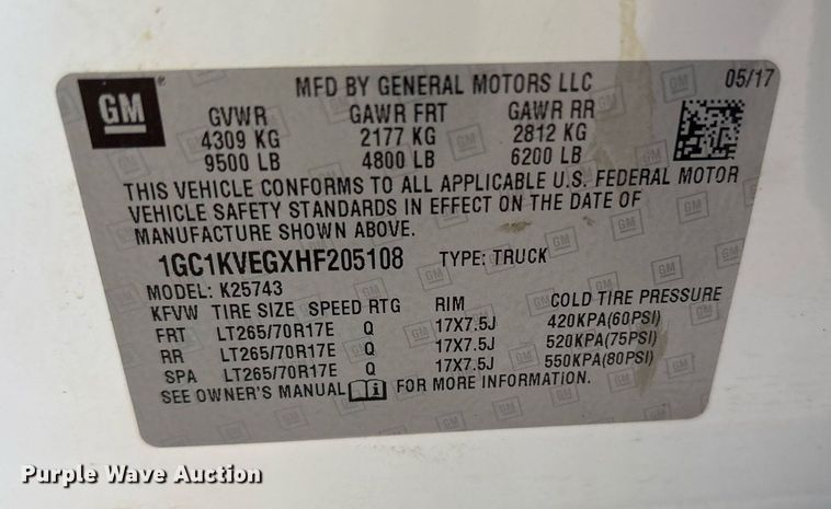 image for item DY0867 2017 Chevrolet Silverado 2500HD Crew Cab pickup truck