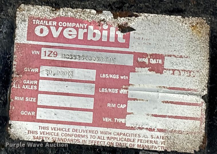 image for item DZ4112 2004 Overbilt equipment trailer