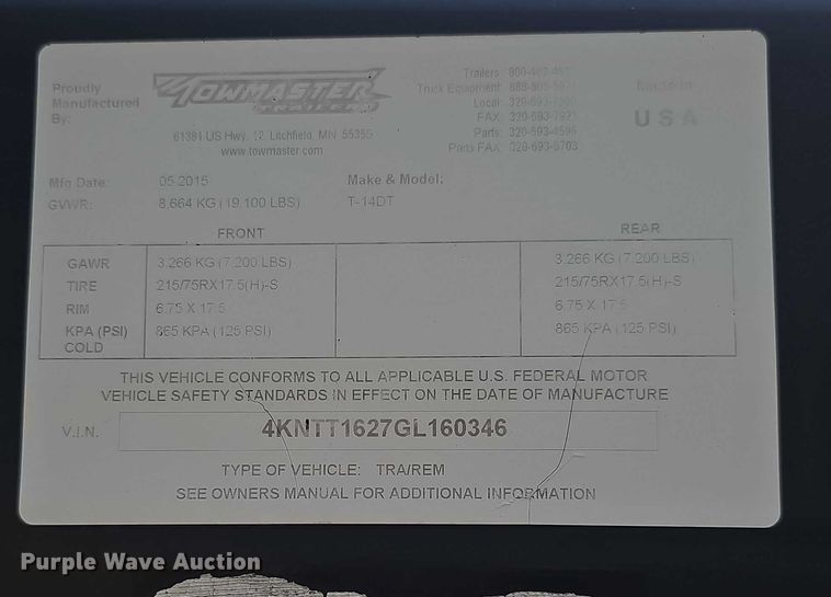 image for item DZ6095 2016 Towmaster tilt deck equipment trailer