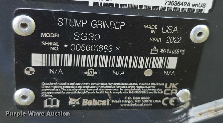 image for item DZ6116 2022 Bobcat SG30 skid steer stump grinder