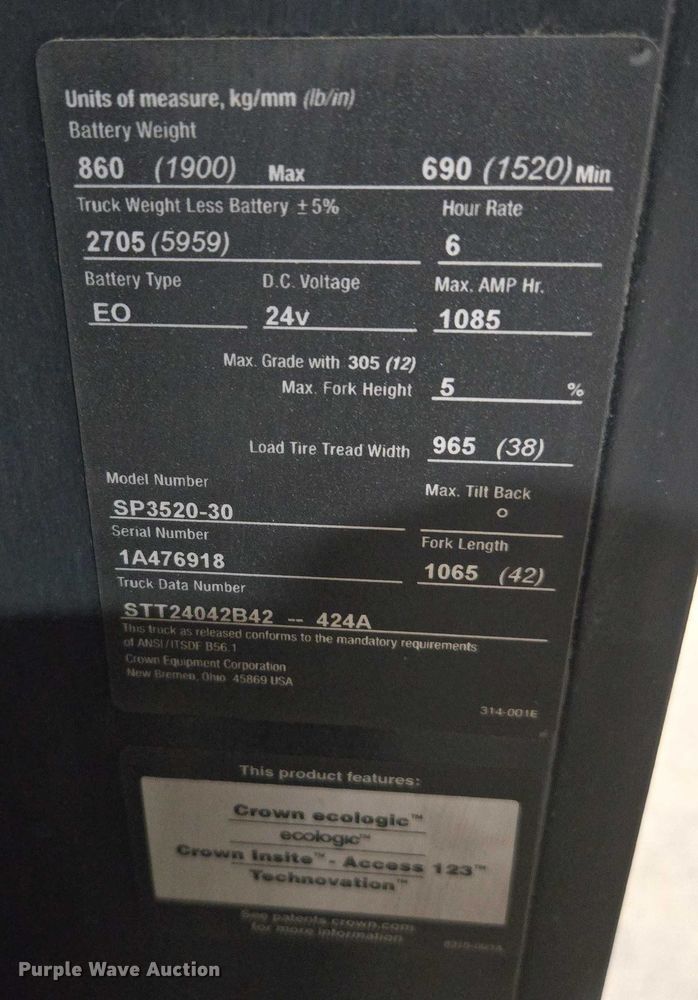 image for item EC1100 2016 Crown SP3520-30 order picker