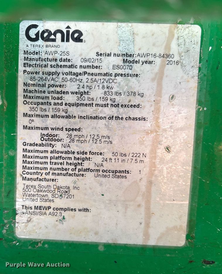 image for item EC3764 2016 Genie AWP-25S vertical lift