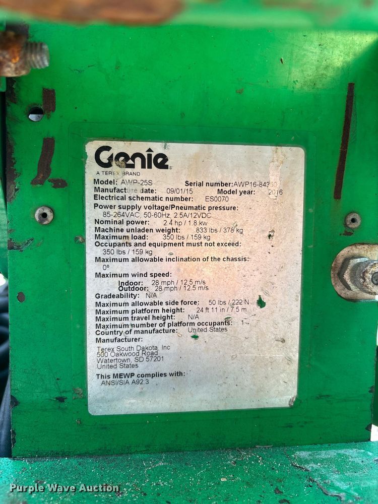 image for item EC3765 2016 Genie AWP-25S vertical lift