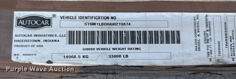 image for item ED5802 2016 Autocar refuse truck