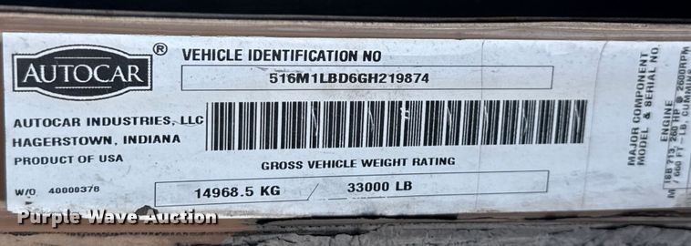 image for item ED5802 2016 Autocar refuse truck