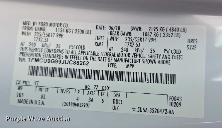 image for item EF1810 2018 Ford Escape SUV