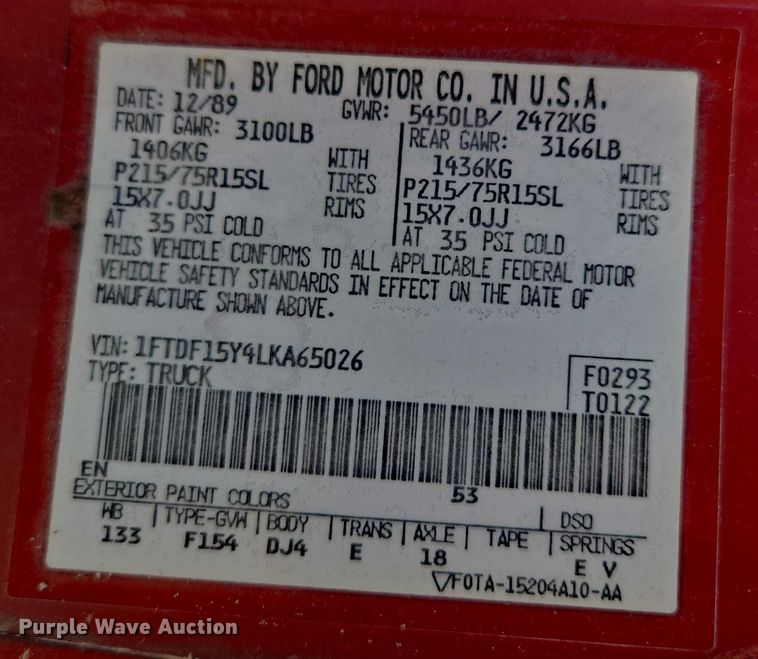 image for item EF1831 1990 Ford  F150 pickup truck