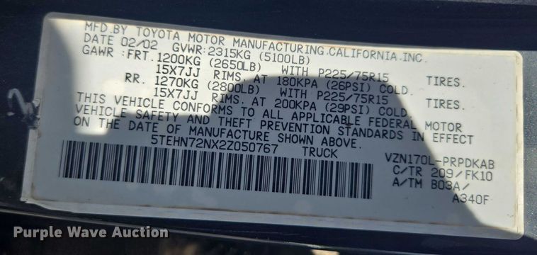 image for item EF1875 2002 Toyota Tacoma Double Cab pickup truck