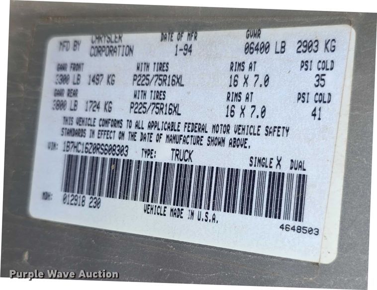 image for item EF3693 1994 Dodge Ram 1500 pickup truck