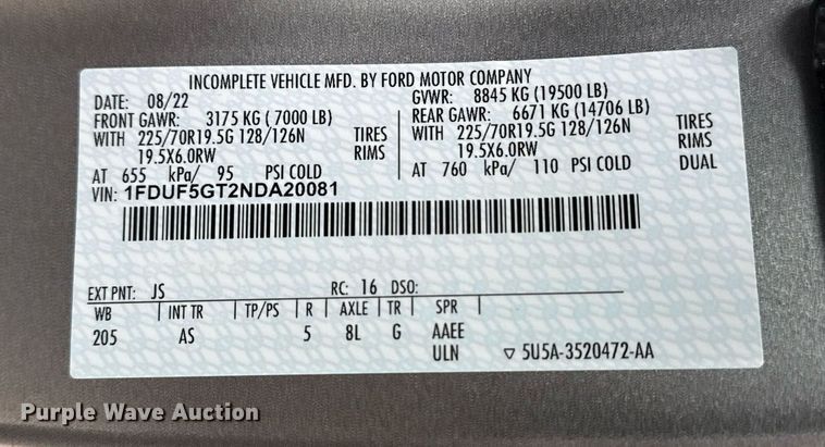 image for item EG1020 2022 Ford F550 Super Duty truck cab and chassis
