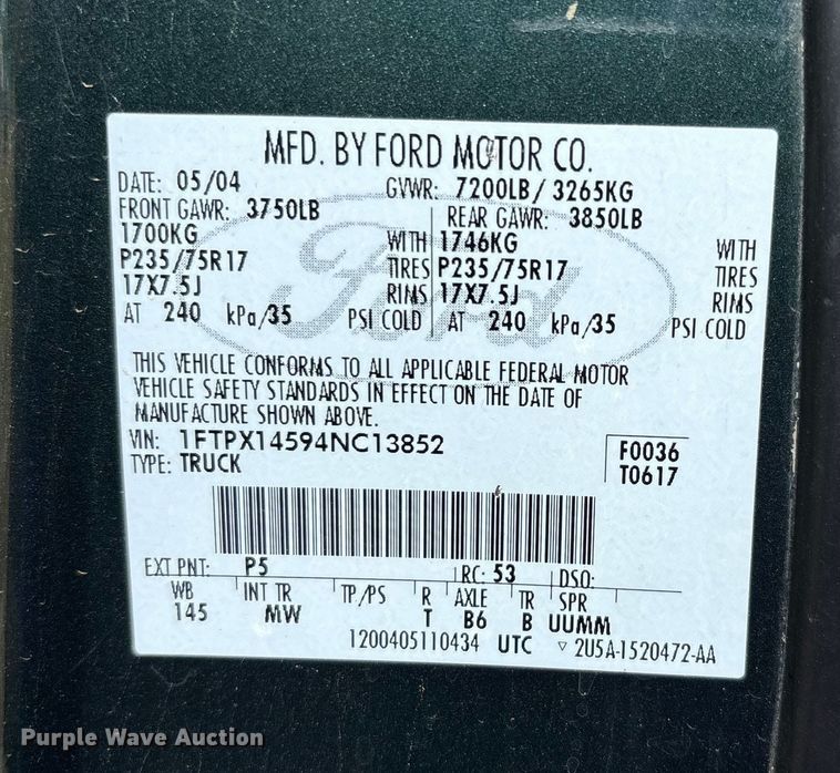 image for item EJ7626 2004 Ford F150 XLT SuperCab pickup truck