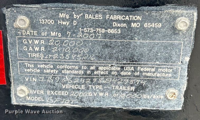 image for item EK8385 2008 Bales equipment trailer