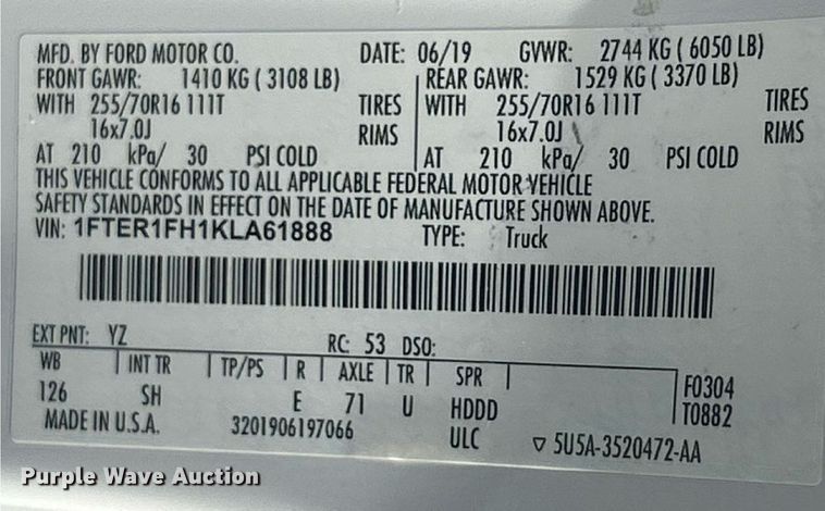 image for item EK8418 2019 Ford Ranger XL Ext. Cab pickup truck