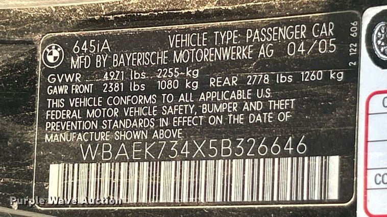 image for item EK8451 2005 BMW 645Ci convertible