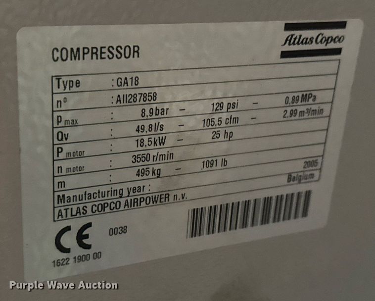 image for item EM8023 2005 Atlas Copco GA18 FF air compressor