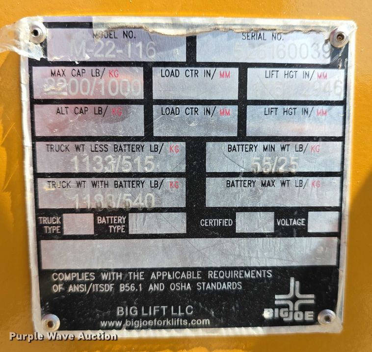 image for item EO1598 Big Joe M-22-16 pallet jack