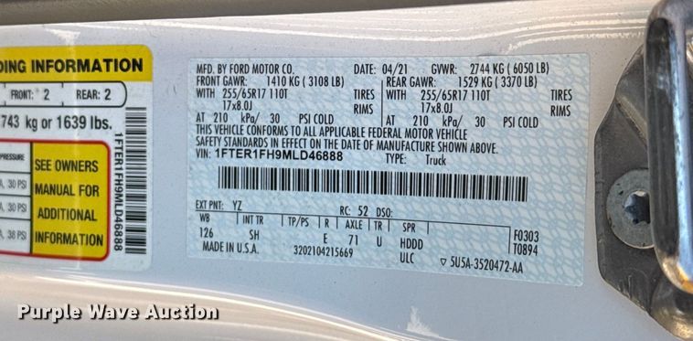 image for item EU2085 2021 Ford Ranger SuperCab utility bed pickup truck