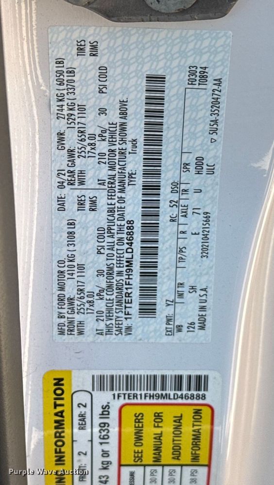 image for item EU2085 2021 Ford Ranger SuperCab utility bed pickup truck