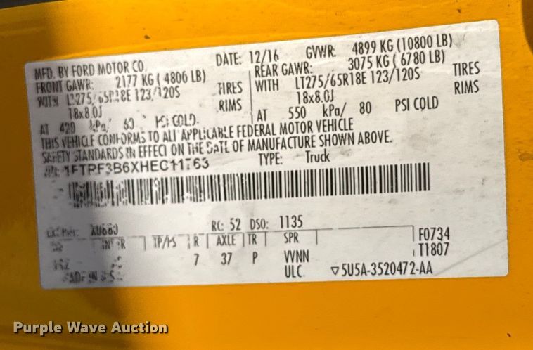 image for item EU2087 2017 Ford F350 Super Duty utility bed pickup truck