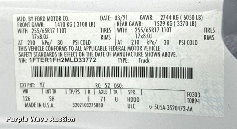 image for item EU2090 2021 Ford Ranger SuperCab utility bed pickup truck