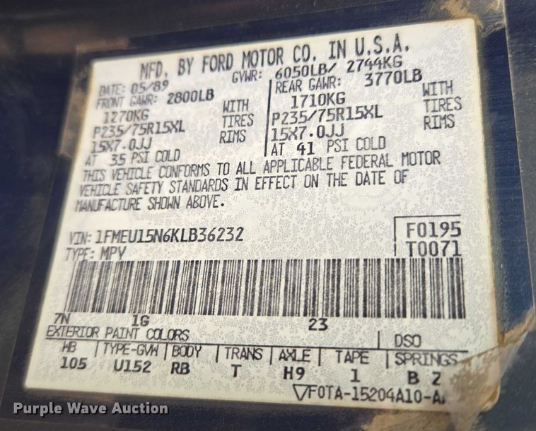 image for item EU3529 1989 Ford Bronco Custom SUV