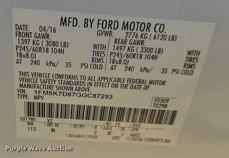 image for item FB9420 2016 Ford Explorer XLT SUV