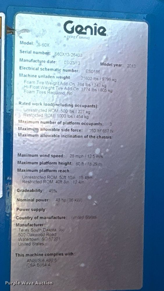 image for item DT6719 2013 Genie S-60X boom lift