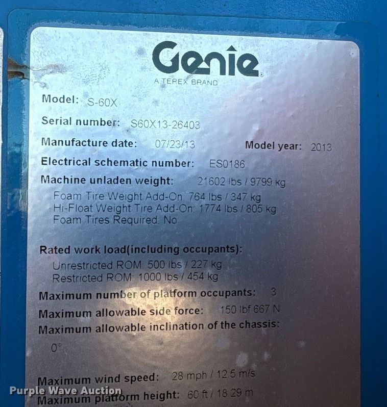 image for item DT6719 2013 Genie S-60X boom lift