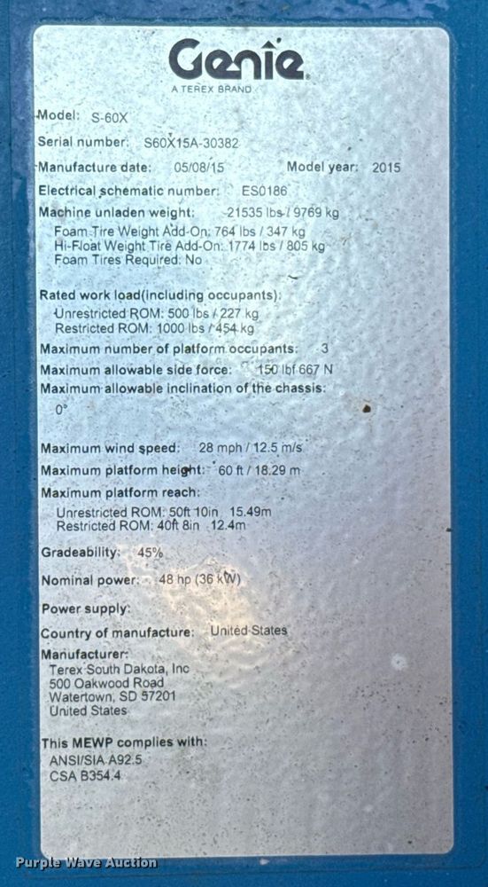 image for item DT6720 2015 Genie S-60X boom lift