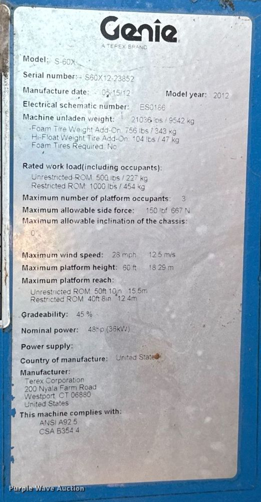 image for item DT6722 2012 Genie S-60X boom lift