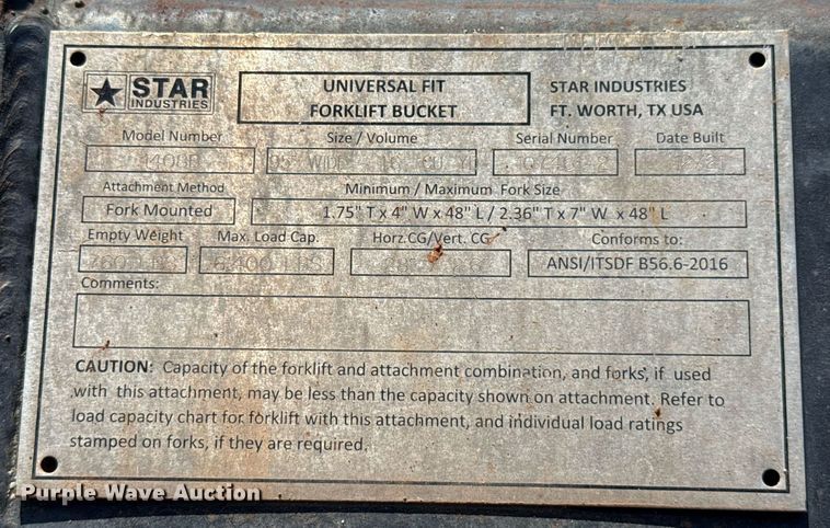 image for item DT6725 2021 Star Industries 1408B telehandler bucket