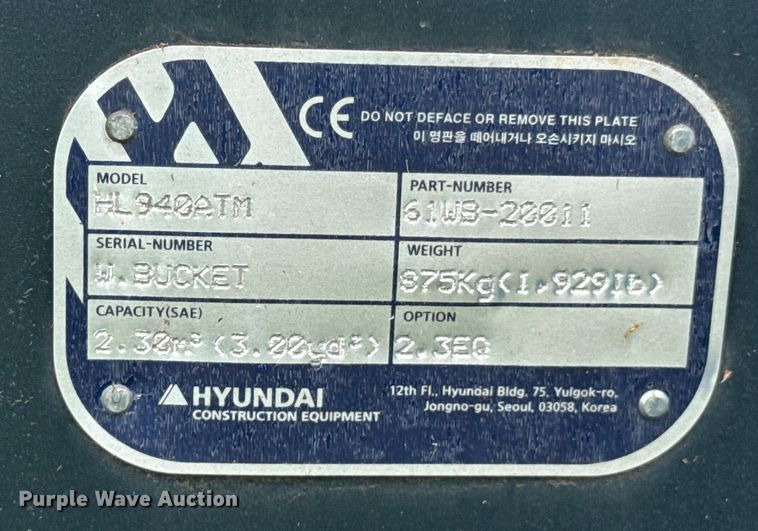 image for item DU9322 Hyundai HL940ATM wheel loader bucket
