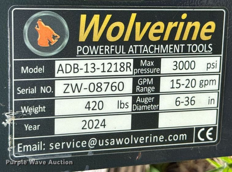 image for item DU9413 2024 Wolverine ADB-13-1218R skid steer auger