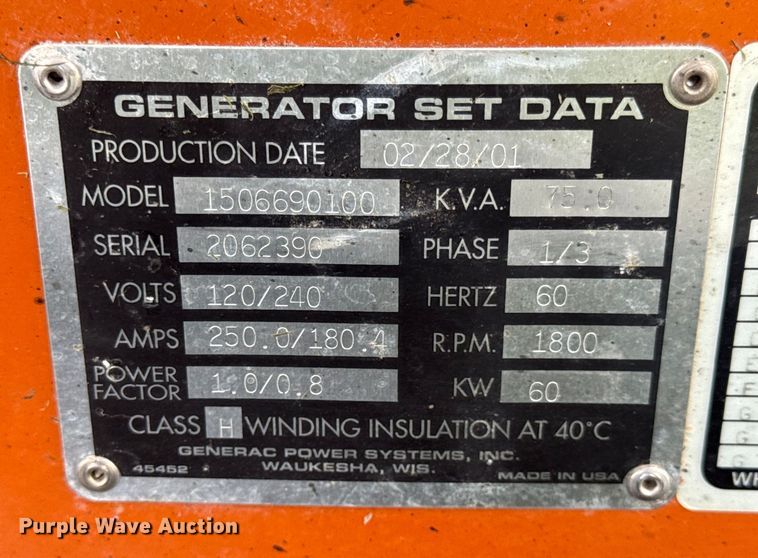 image for item DW3435 2001 Generac 1506690100 generator