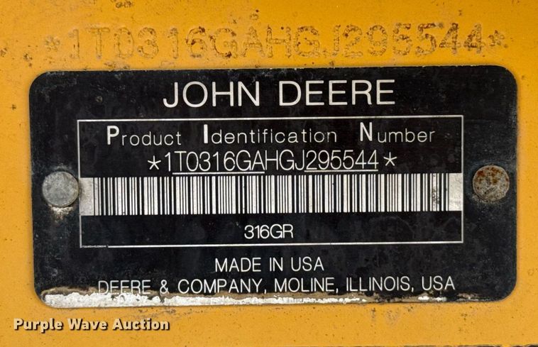 image for item DW5169 2016 John Deere 316GR skid steer loader