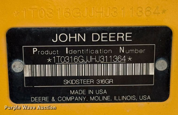 image for item DW5173 2017 John Deere 316GR skid steer loader