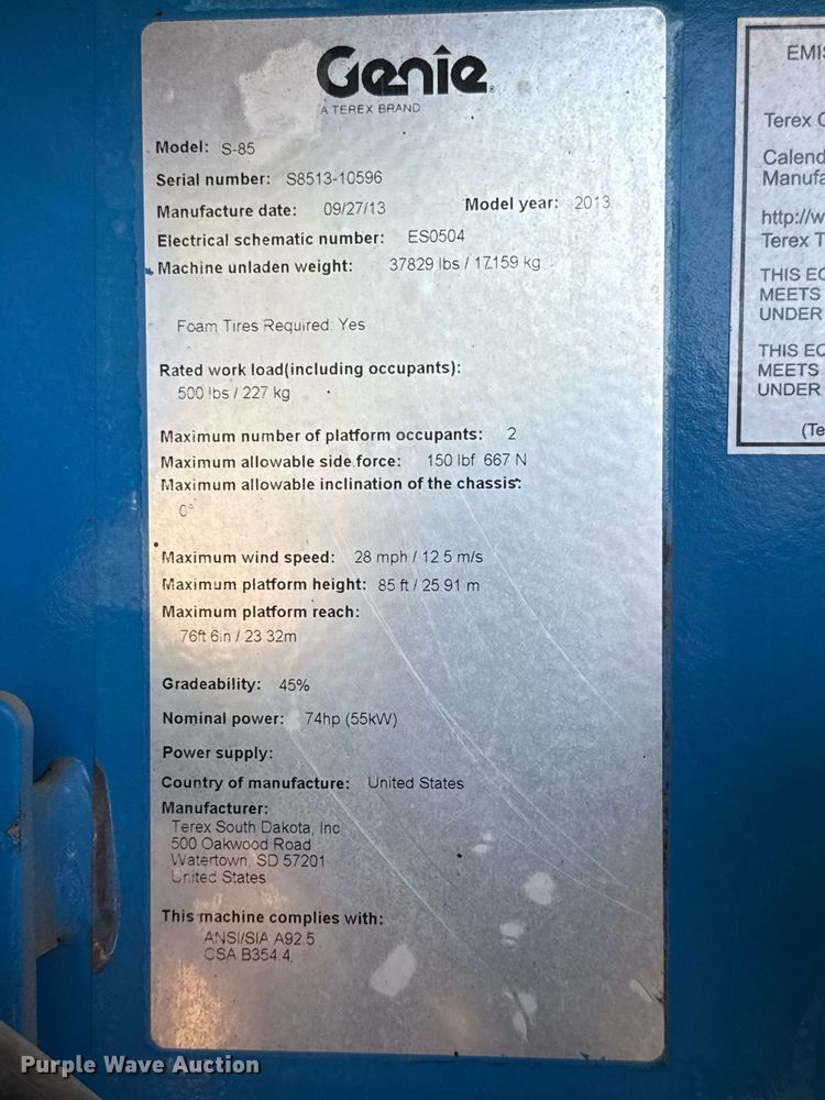 image for item DX5673 2013 Genie S-85 boom lift