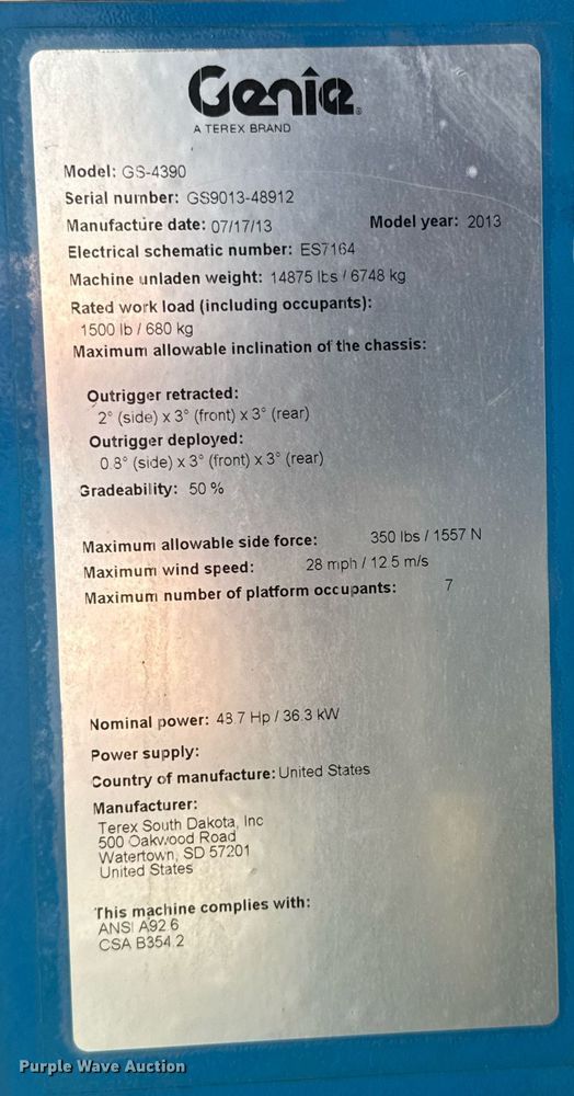 image for item DX5674 2013 Genie GS-4390 scissor lift