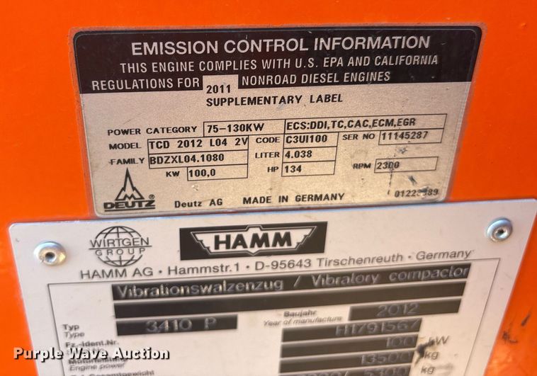 image for item DY0874 2012 Hamm 3410P single drum vibratory roller