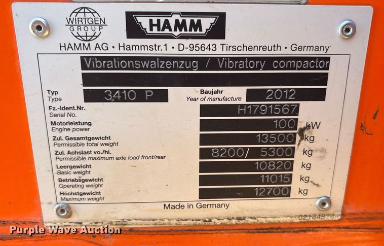 image for item DY0874 2012 Hamm 3410P single drum vibratory roller