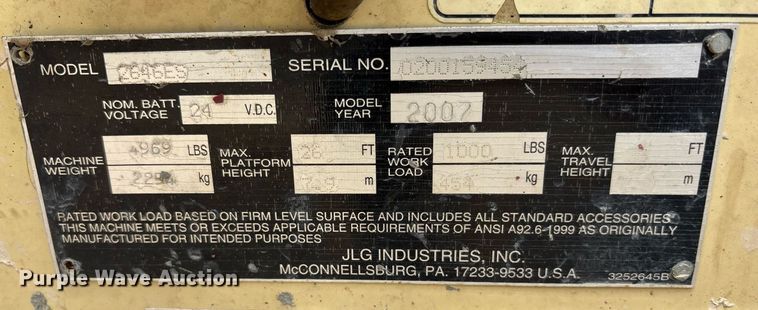 image for item DY0881 2007 JLG 2646ES scissor lift