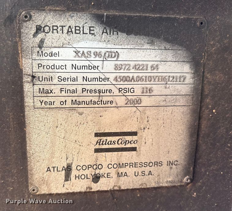 image for item DY0886 2000 Atlas Copco XAS96(JD) air compressor