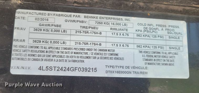 image for item EA2489 2016 Behnke Enterprises tilt deck equipment trailer